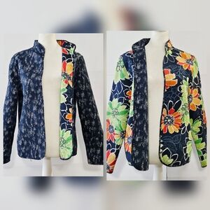 Size L Reversible Multi-Colored Floral Long-Sleeved Open Front Quilted Lightweig